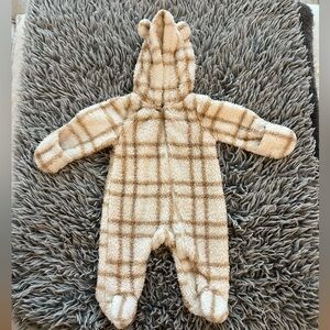 Carter's Cream and Light Brown Plaid Sherpa Baby One-Piece with Hood Unisex Cozy
